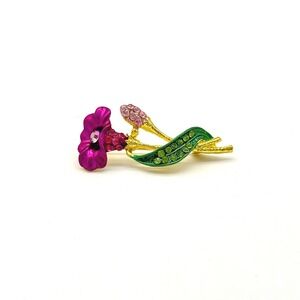 Vintage Pink Flower Rhinestone‎ Brooch Pin Gold Tone Floral Jewelry
